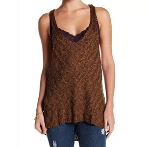 Free People Chevron Sweater Tank‎ Size M Brown Knit Cotton Relaxed Slouchy Boho